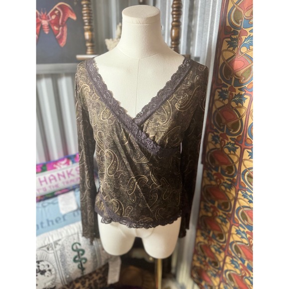 Blue Diamond Tops - Diamond's Brown Paisley Lace Trim Long Sleeve Top Blouse Womens L‎
